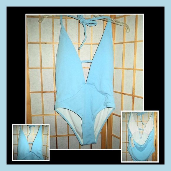 NEW! ZAFUL SWIM SUIT 1 PIECE BATHINGSUIT BLUE RIBBED PLUNGE SEXY-WOMENS SIZE 8 - Picture 1 of 5